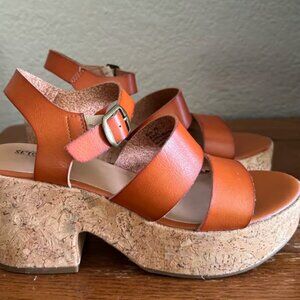 W Sz.10 Leather Cork Platform Sandals Chunky Heel Brown Strappy Beach Boho Retro